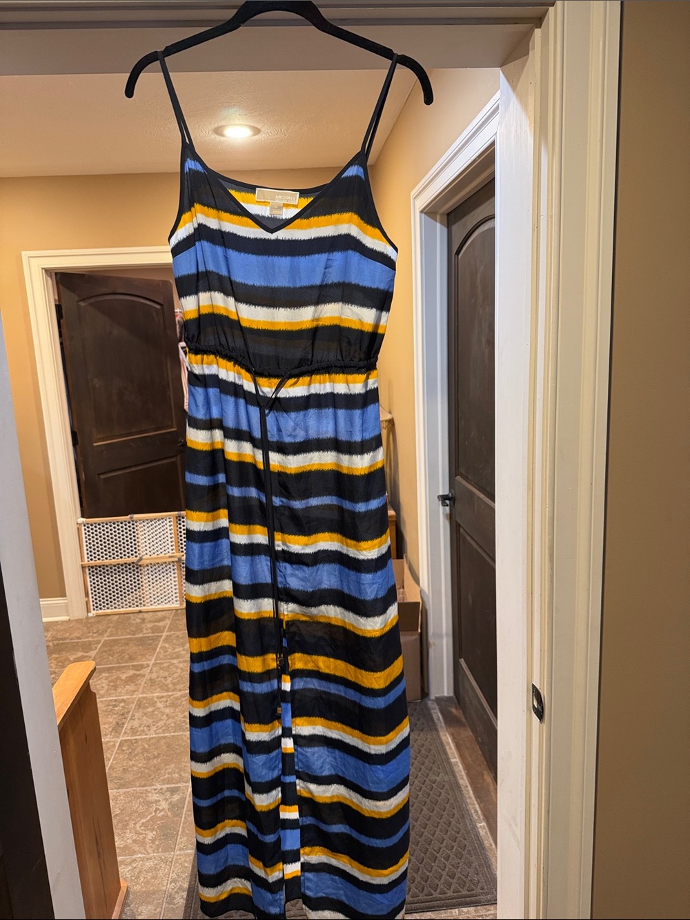 Michael Kors Striped Blue, Black & Yellow Maxi Dress with Tie Waist